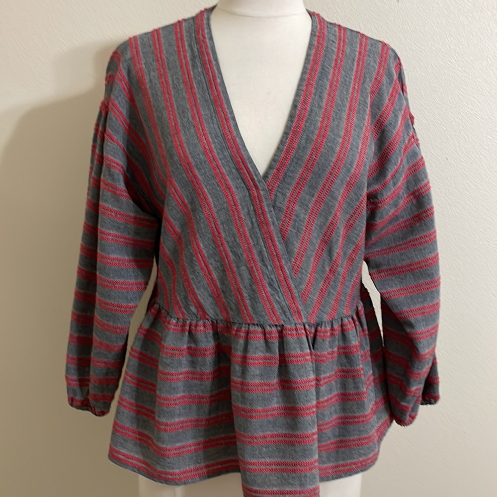 MADEWELL Gray and Red Striped Wrap Front Balloon Sleeve Peplum Hem Top - Picture 5 of 12